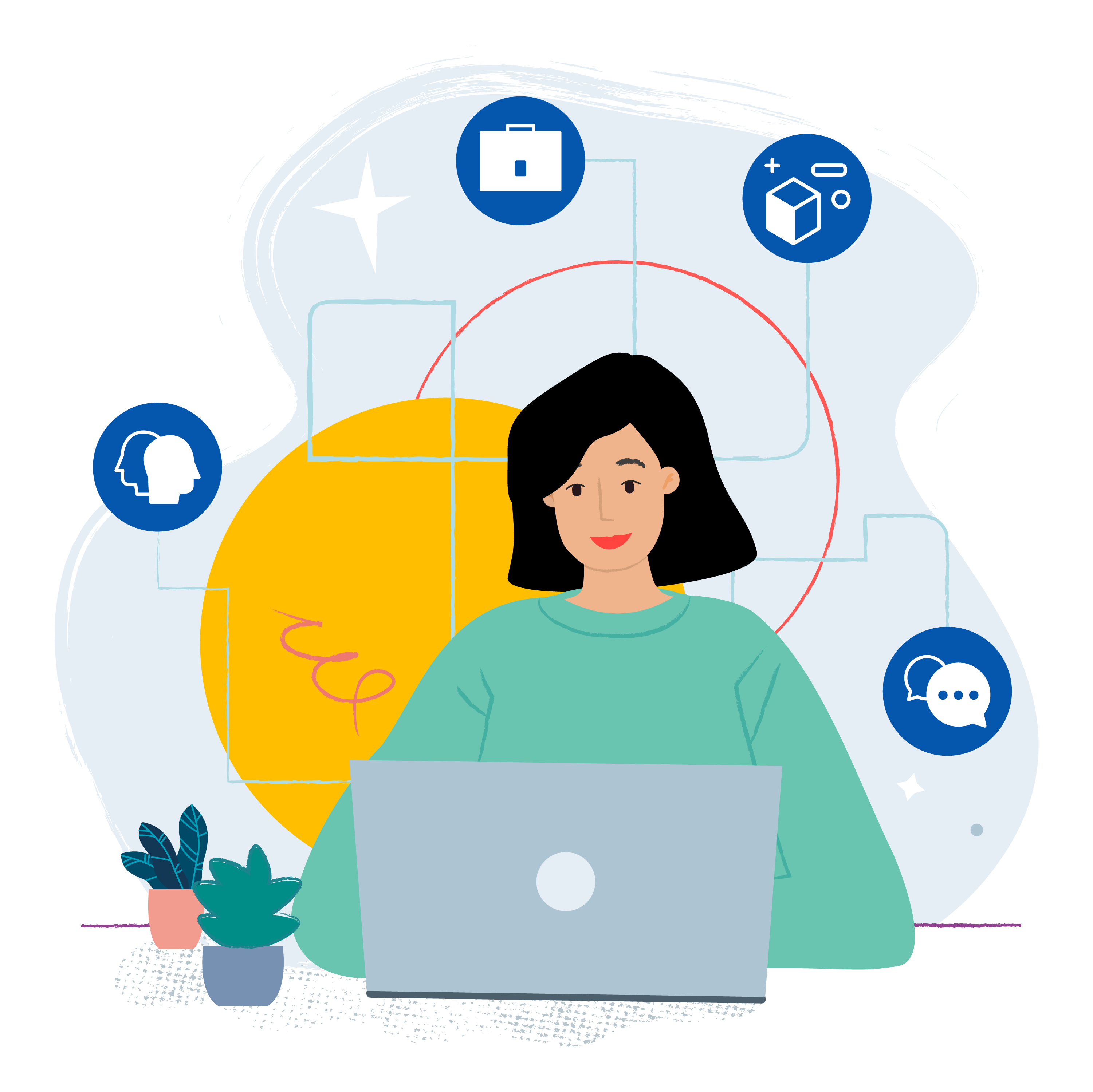 Colourful illustration of a woman sitting at a laptop surrounded by circular icons that represent learning