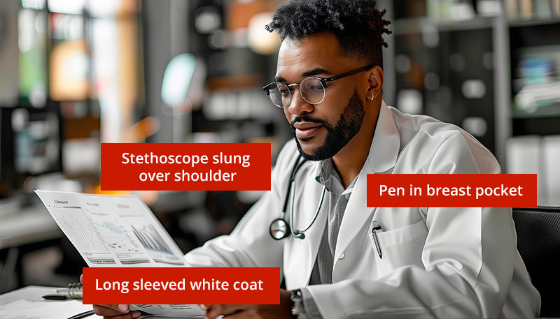 An Ai generated image of a black male doctor wearing a long sleeved white coat. Text on the image describes the issues with the image which are the stethoscope slung over the shoulder, pen in breast pocket and long sleeved white coat.