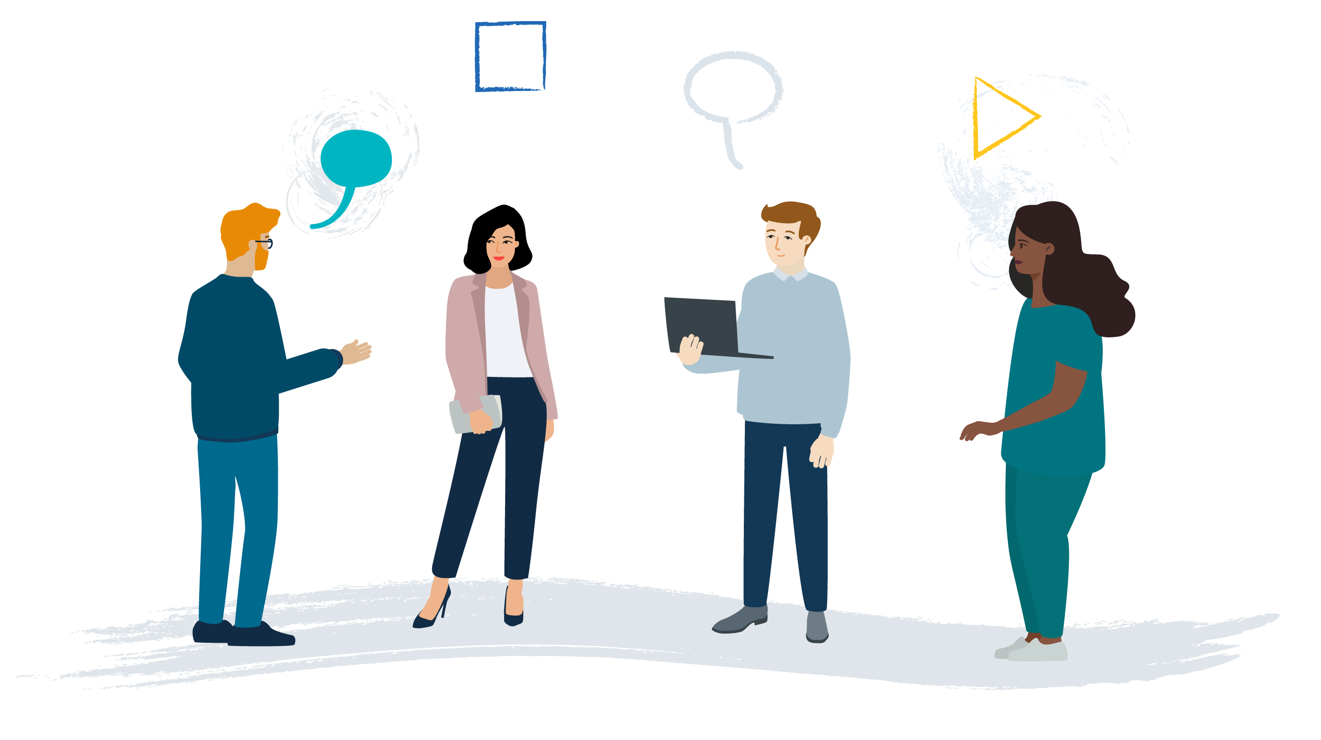 Colourful illustration of 4 diverse people standing around and talking