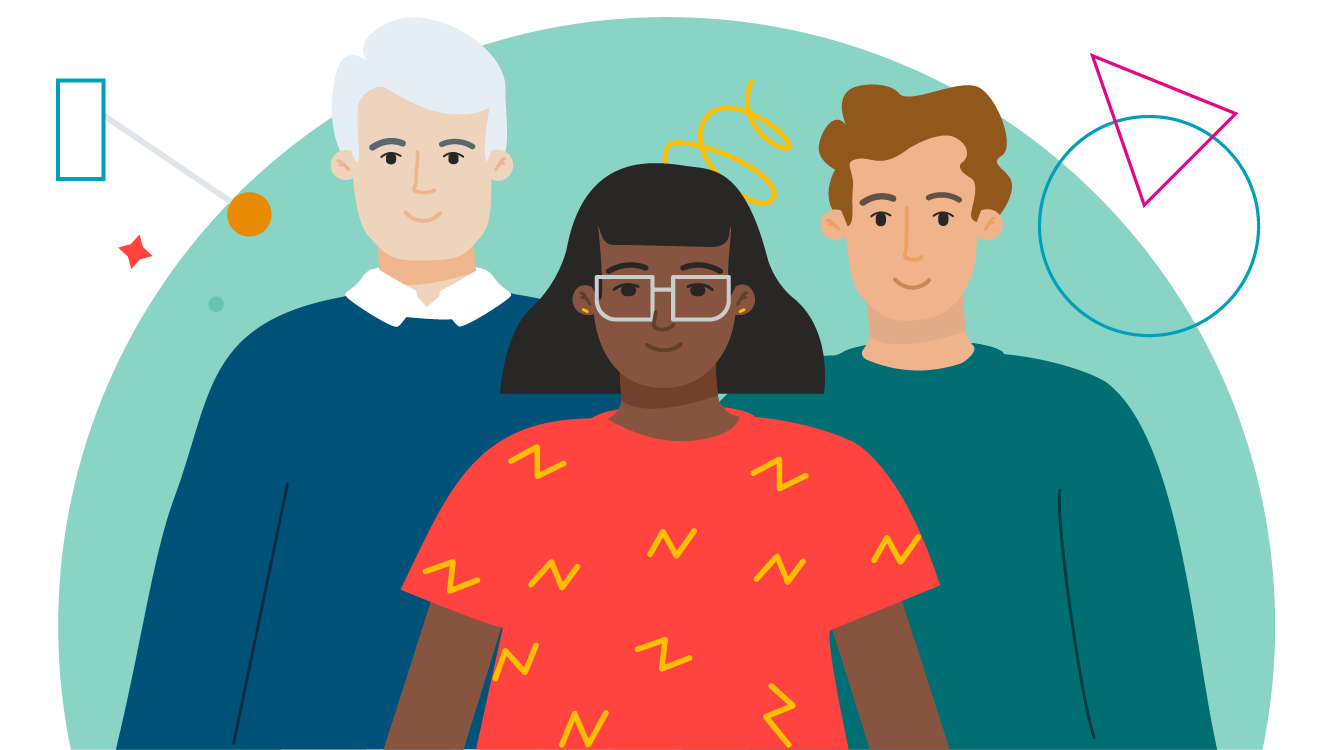 Colourful illustration of 3 people standing in front of a blue semi-circle