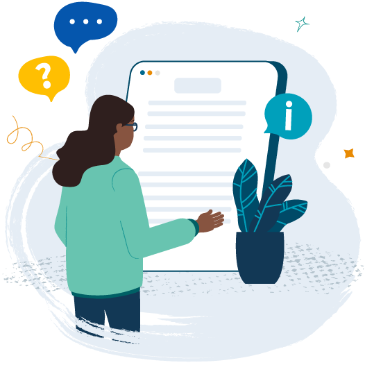 Colourful illustration of a woman with dark hair and skin standing in front of an oversized digital tablet