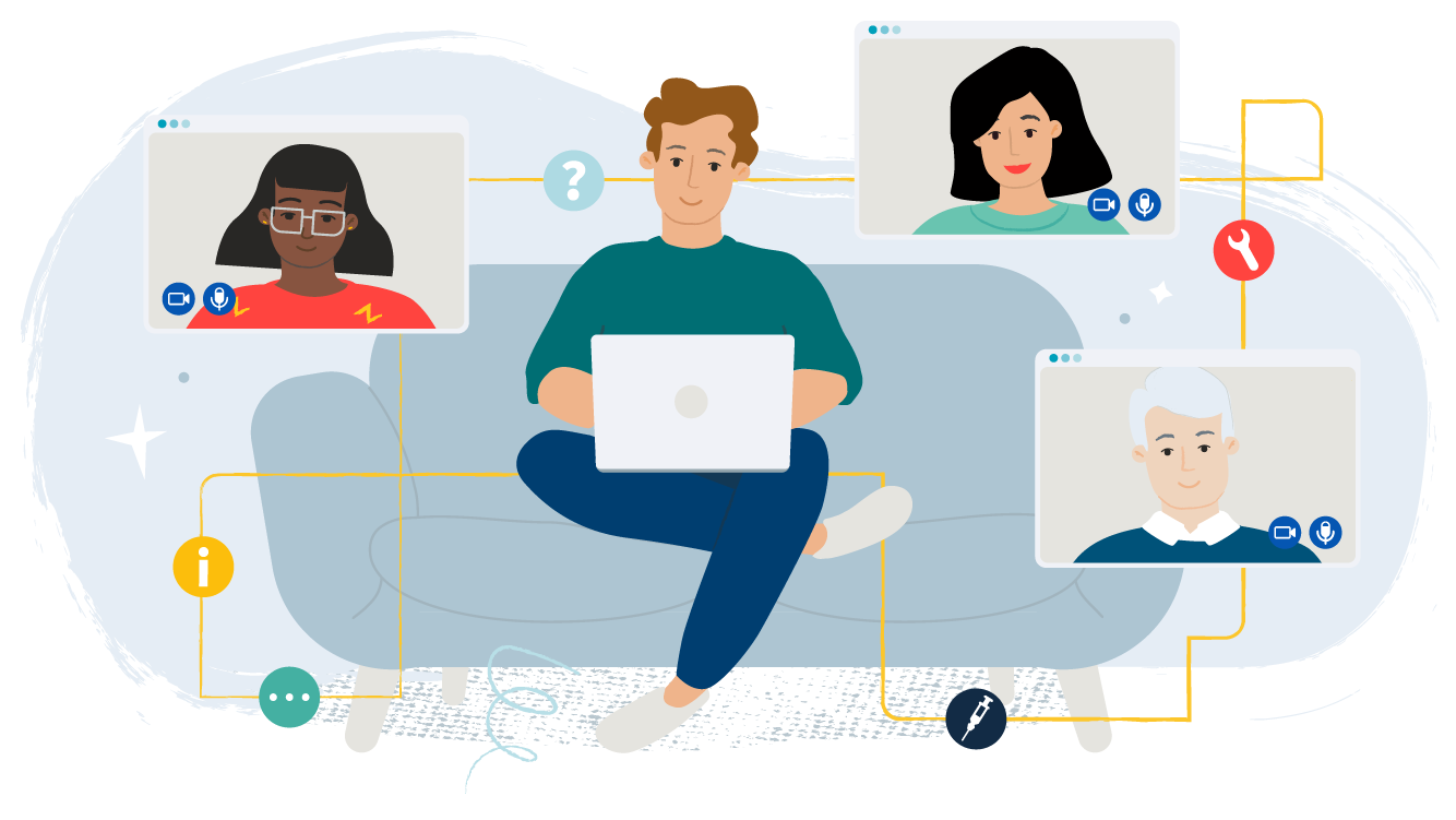 Colourful illustration of a man sitting on a sofa using a laptop with small screens showing faces floating around him.