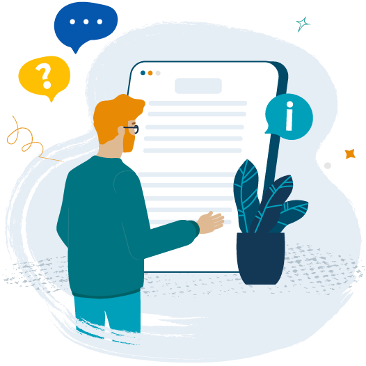 Colourful illustration man with ginger hair and a beard, wearing glasses and looking at an oversized digital tablet