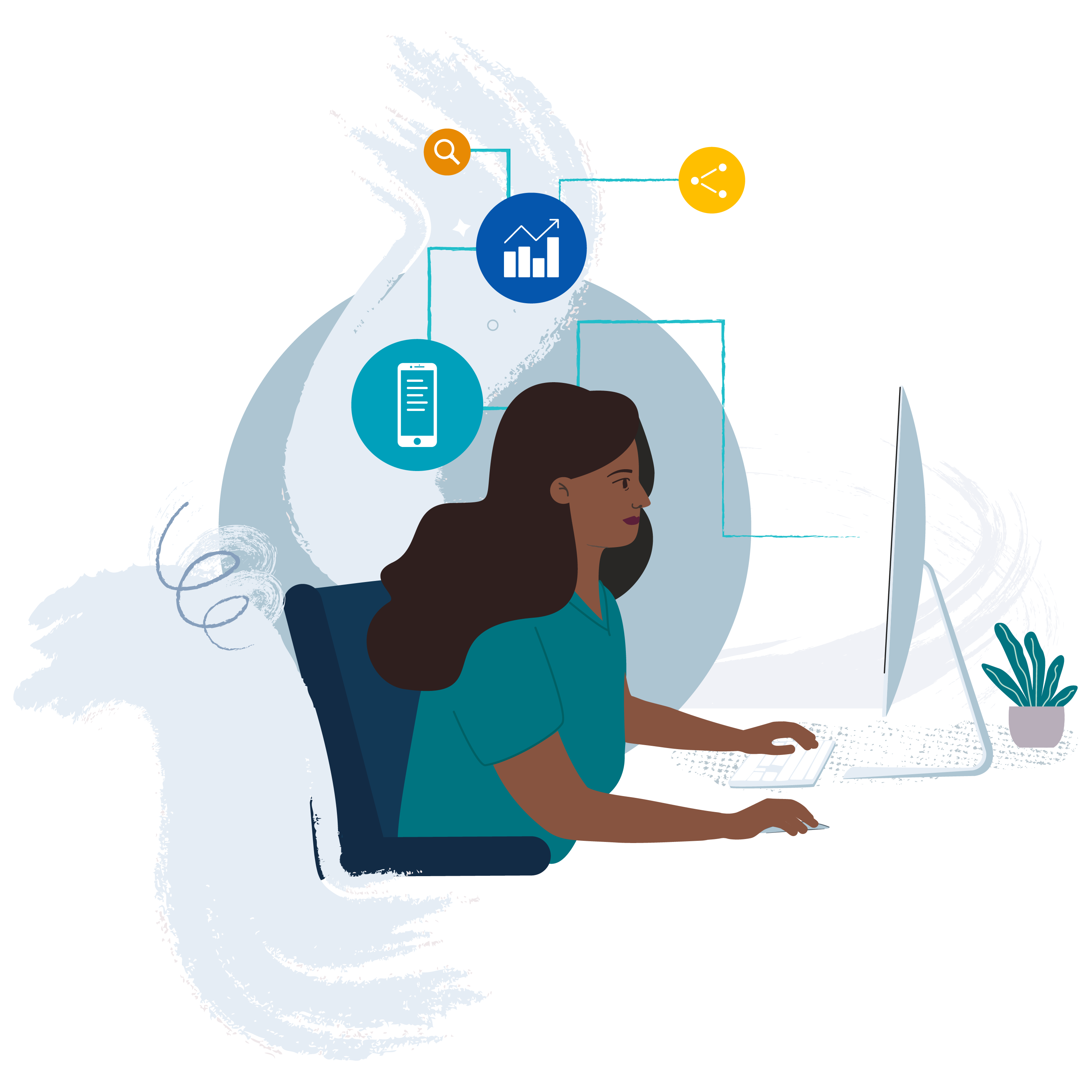 Colourful illustration of a woman in profile sitting in front of a computer screen surrounded by work a digital related icons